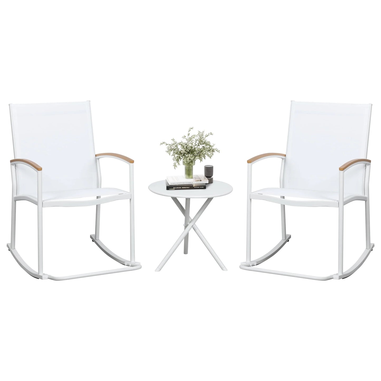3-Piece Patio Bistro Sets, Outdoor Breathable Rocking Chairs & Black Furniture Conversation Set-Two Chairs with Coffee Table Black
