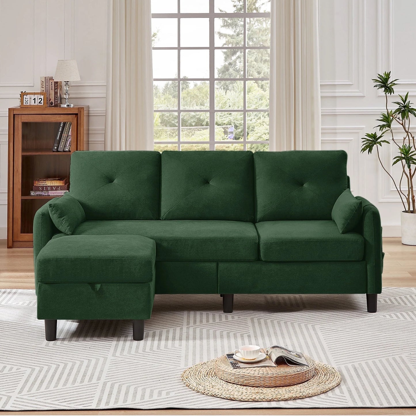 Convertible Sectional Sofa L Shaped Sofa Modern Fabric 3 Seat Couch with Reversible Storage Ottoman and Side Storage Pocket for Living Room Office Apartment Studio