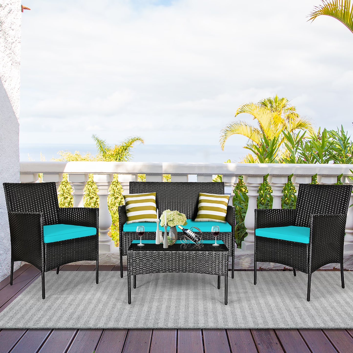 4PCS Patio Rattan Furniture Set Cushioned Sofa Coffee Table Backyard Porch Red