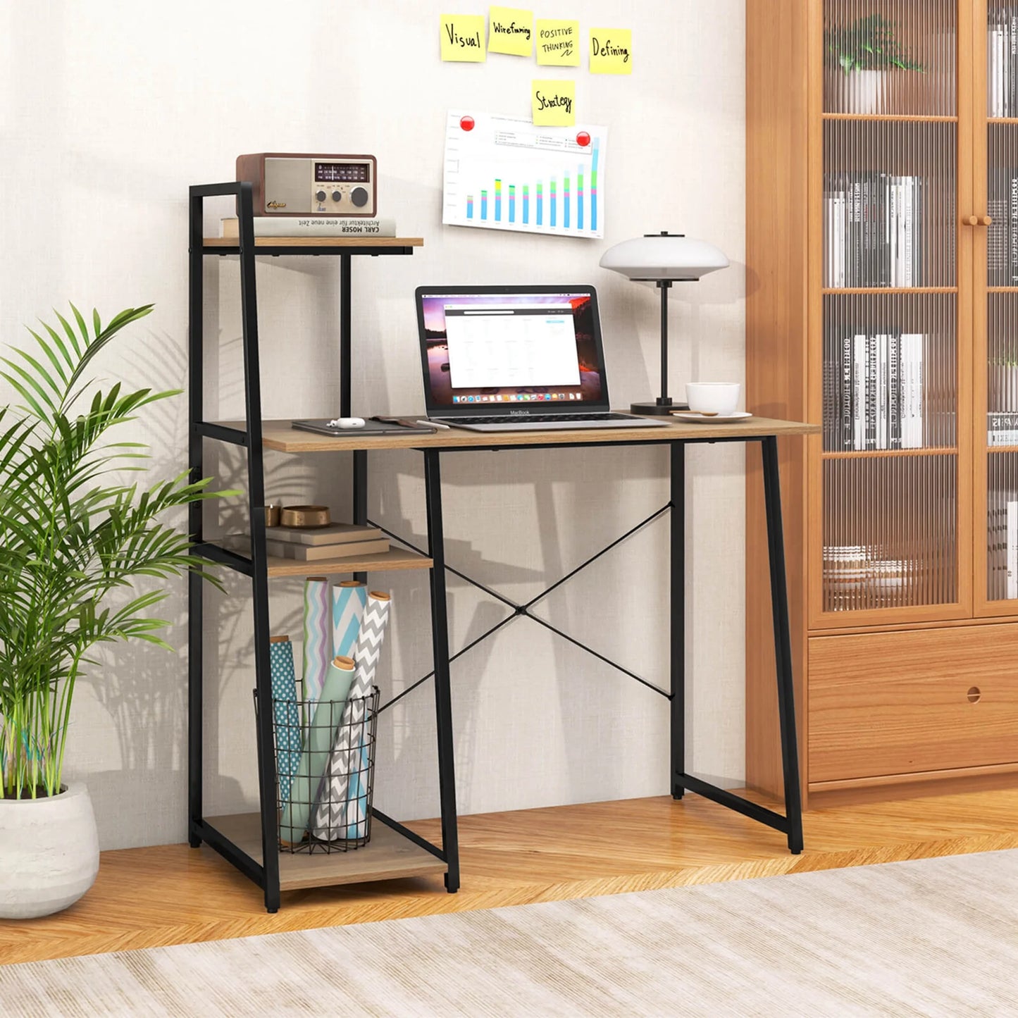 Home Office Desk with Bookshelf Host Stand Metal Frame Study Writing Desk