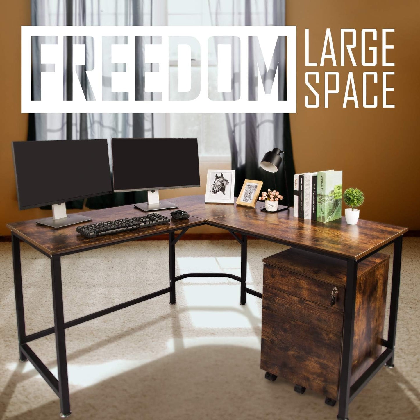 L-Shaped Desk Corner Computer Desk 59" X 59" with 24" Deep Workstation Bevel Edge Design (Industrial/Rustic Brown)