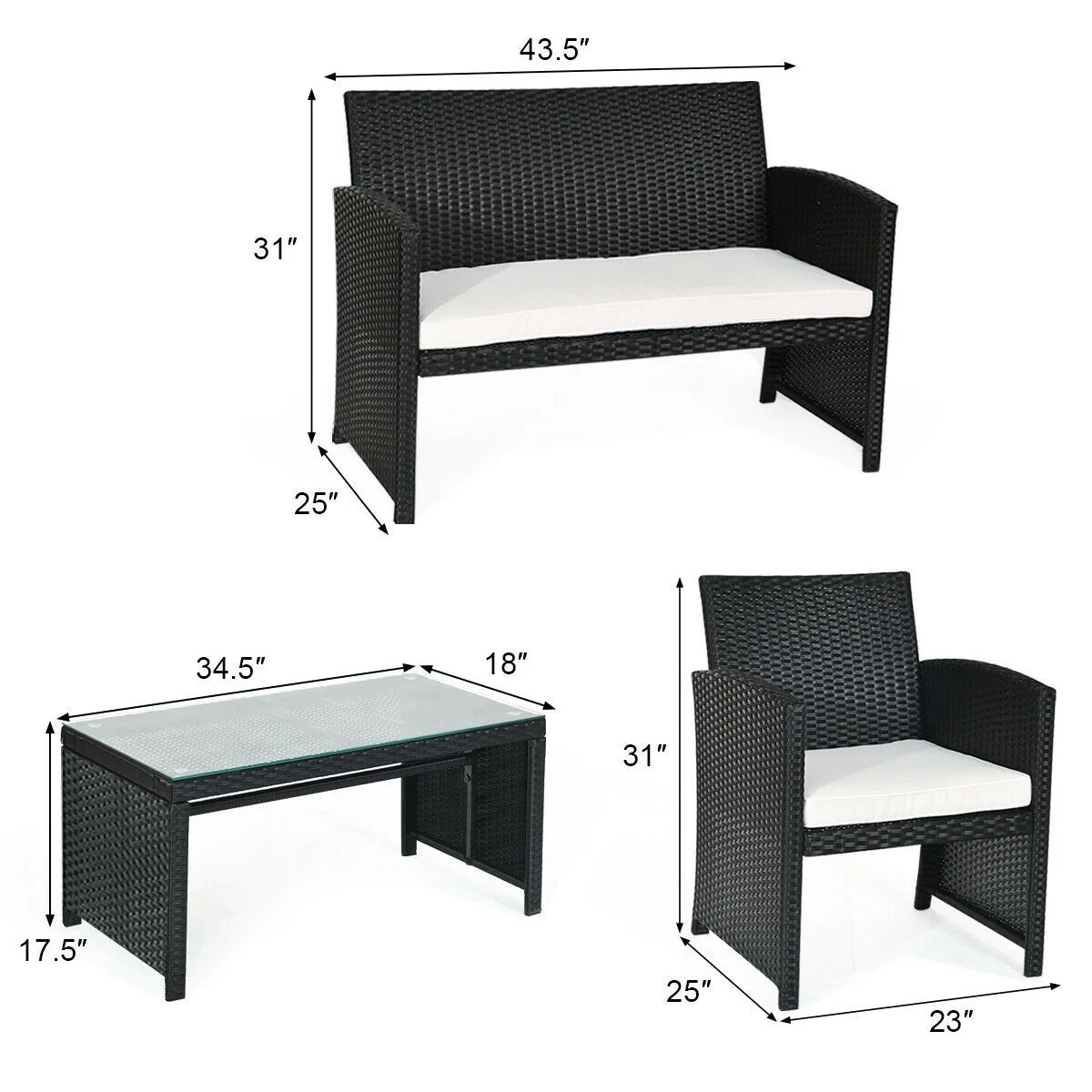 4-Piece Rattan Outdoor Conversation Set with Sofa and Coffee Table, Black