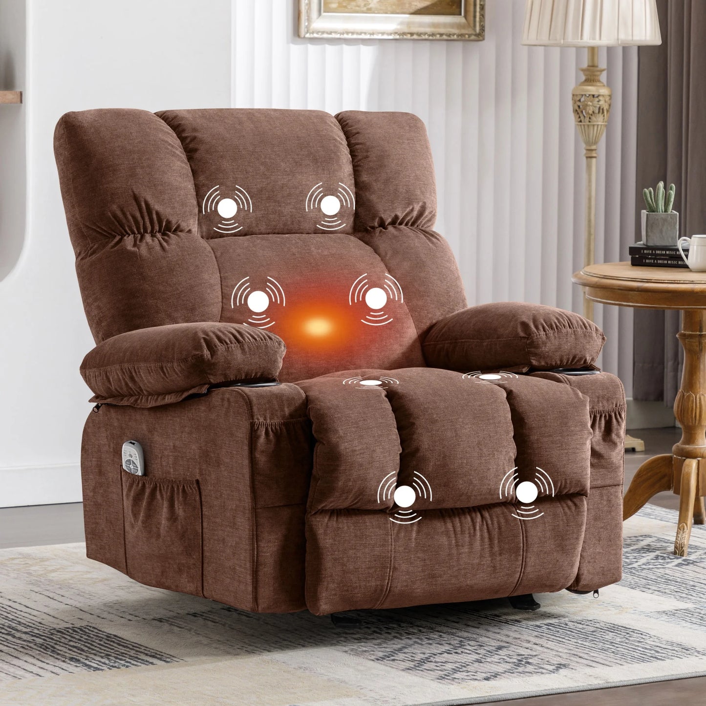 Massage Swivel Rocker Recliner Chair with Vibration Massage and Heat Ergonomic Lounge Chair for Living Room with Rocking Function and Side Pocket, 2 Cup Holders, USB Charge Port,Brown