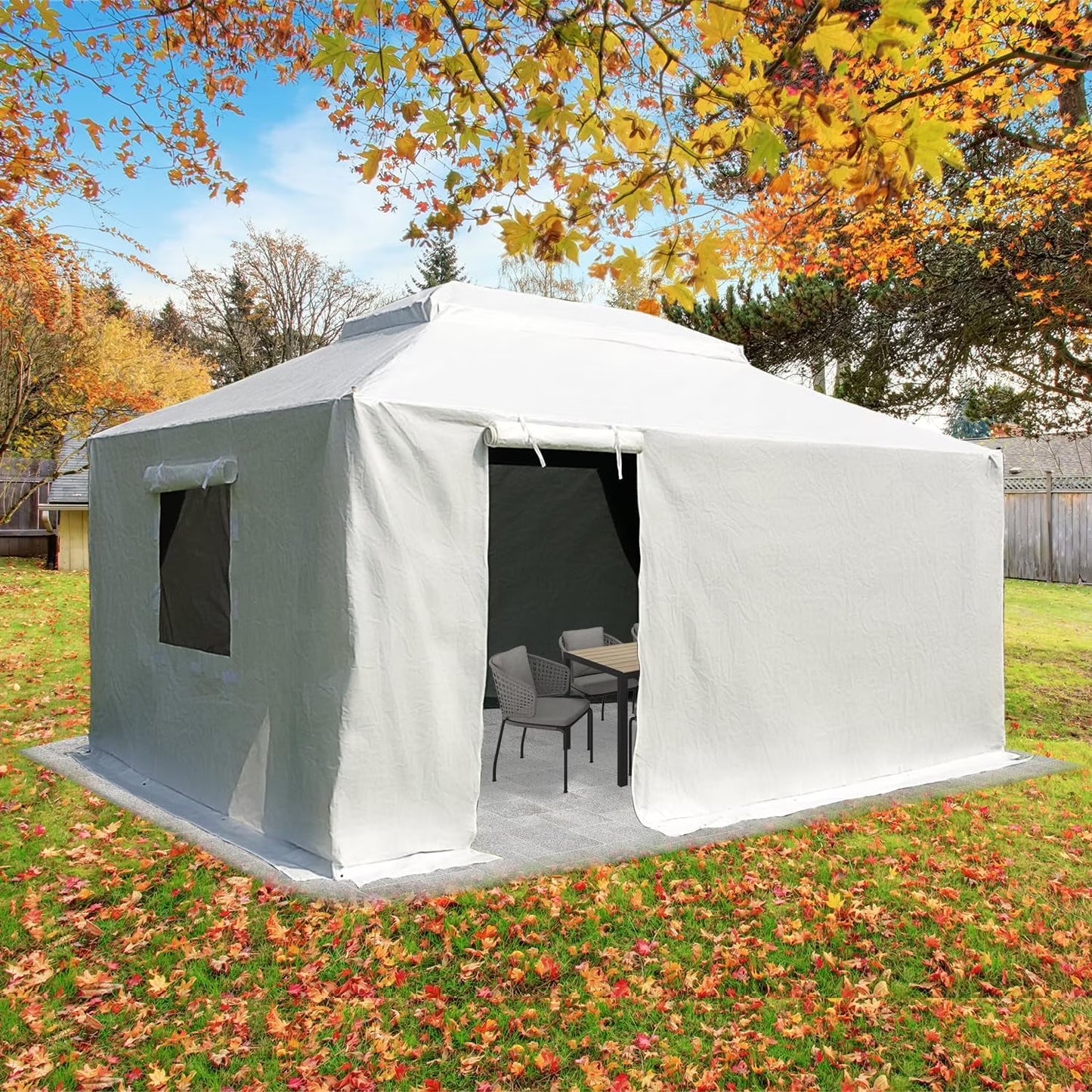 Gazebo Accessories 12' X 12' Double Roof Universal Winter Gazebo Cover for Hardtop Gazebos,Enclosed Cover with Sidewalls and Mesh Windows Waterproof (White) by