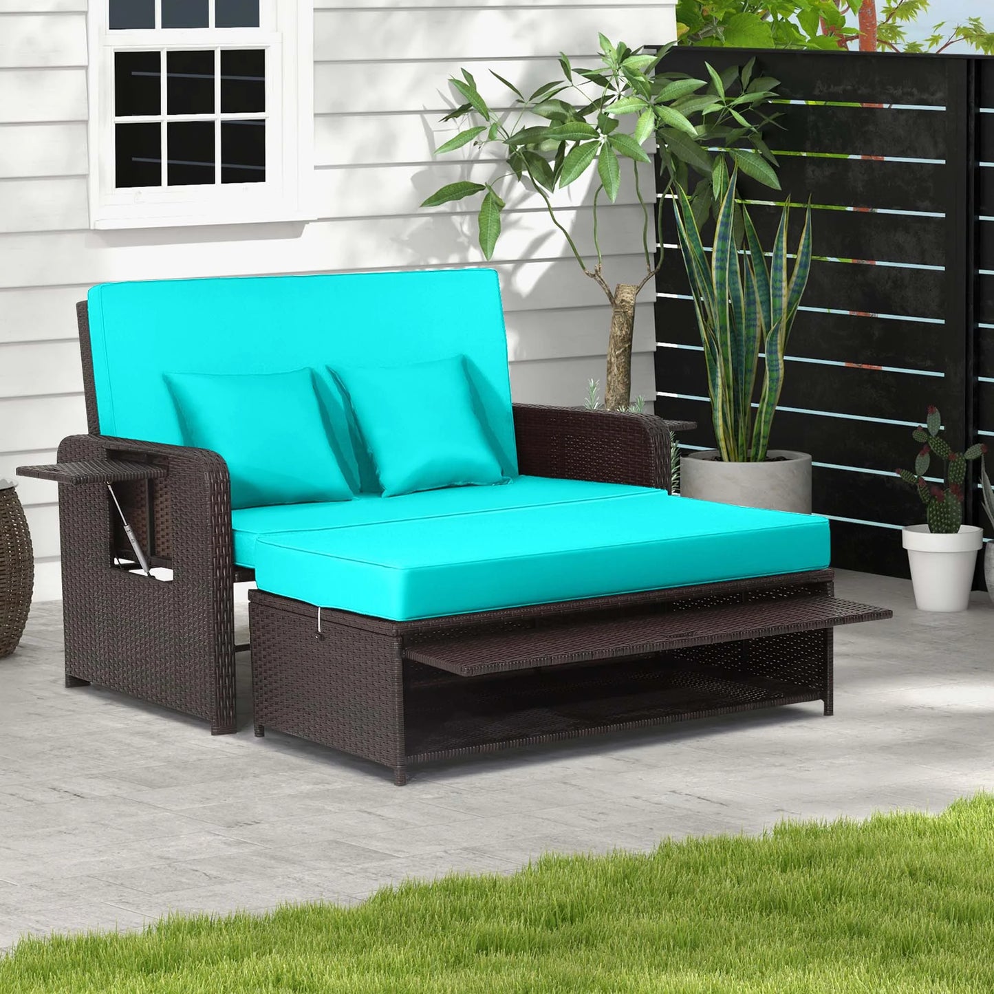 Patio Rattan Loveseat Set Daybed Lounge Storage Ottoman Side Tables Adjust Gray