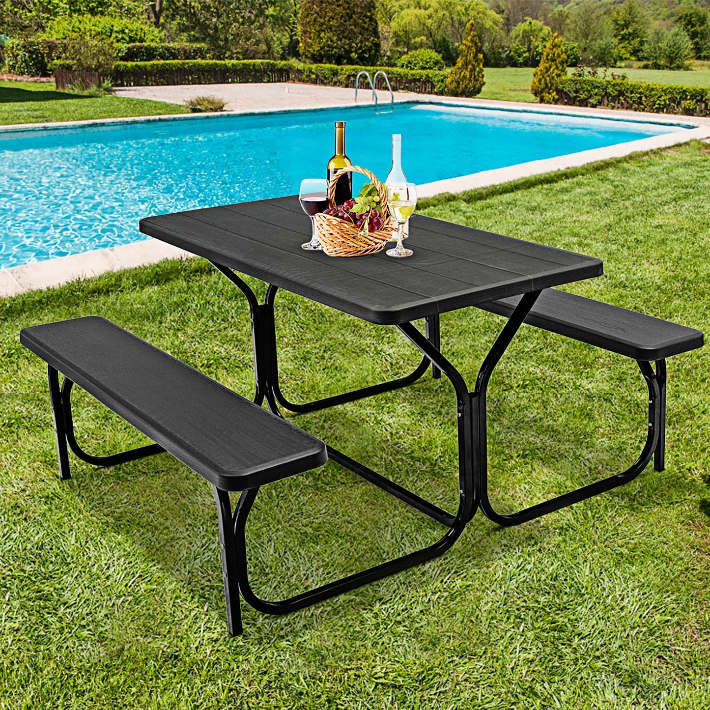Gray Rectangle Metal Picnic Table Bench Set with Extension