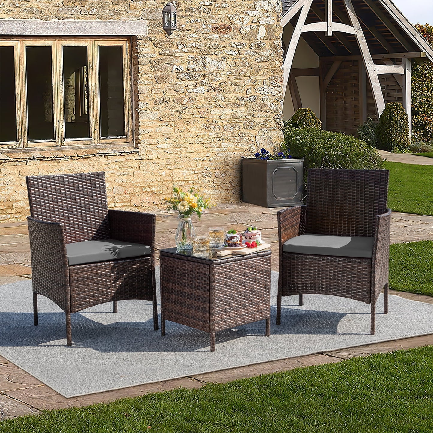 3 Pieces Patio Furniture Set Outdoor PE Rattan Wicker Patio Conversation Set Bistro Set with Tempered Glass and Cushioned Chairs, Brown/Beige