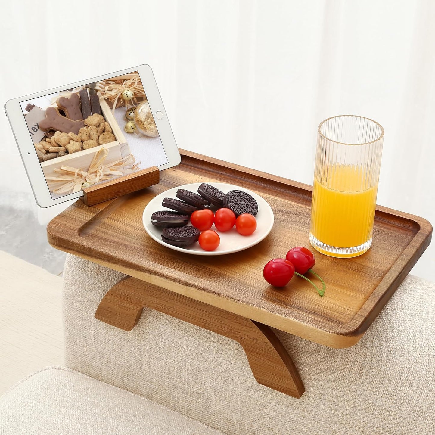 Couch Arm Table, Bamboo Sofa Clip on Tray Tables,Sofa Armrest Tray with 360° Phone Holder,Couch Armrest Table for Eating and Drinking