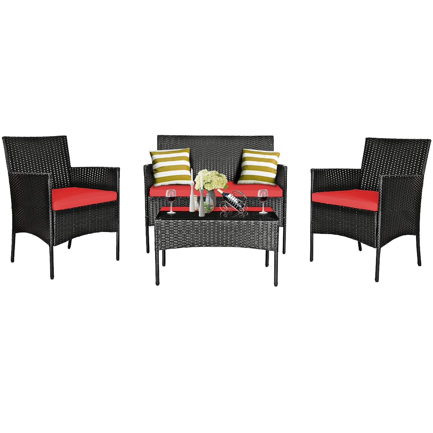 4PCS Patio Rattan Furniture Set Cushioned Sofa Coffee Table Backyard Porch Red