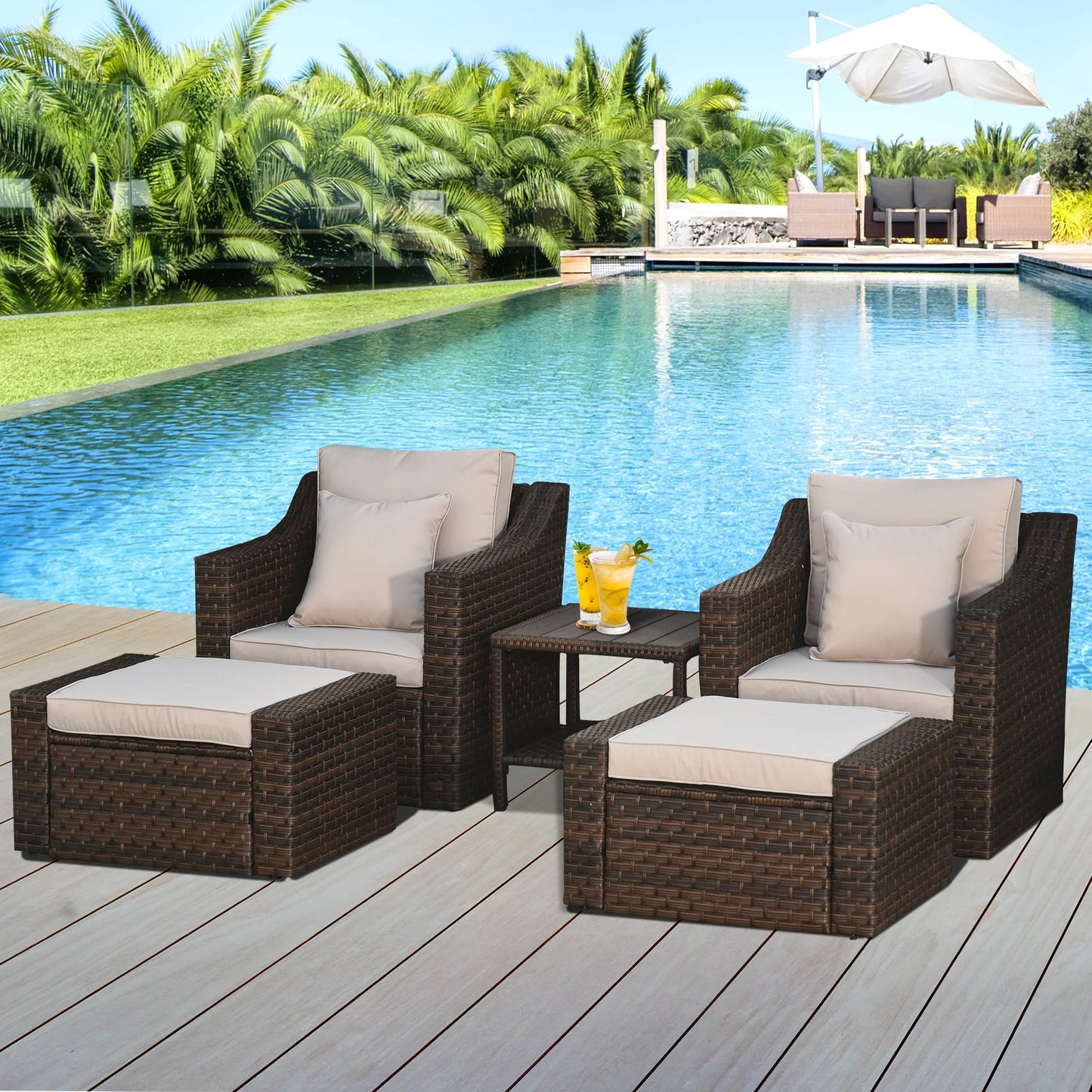 5-Piece PE Rattan Outdoor Patio Dining Set with Ottoman and Coffee Table, Gray