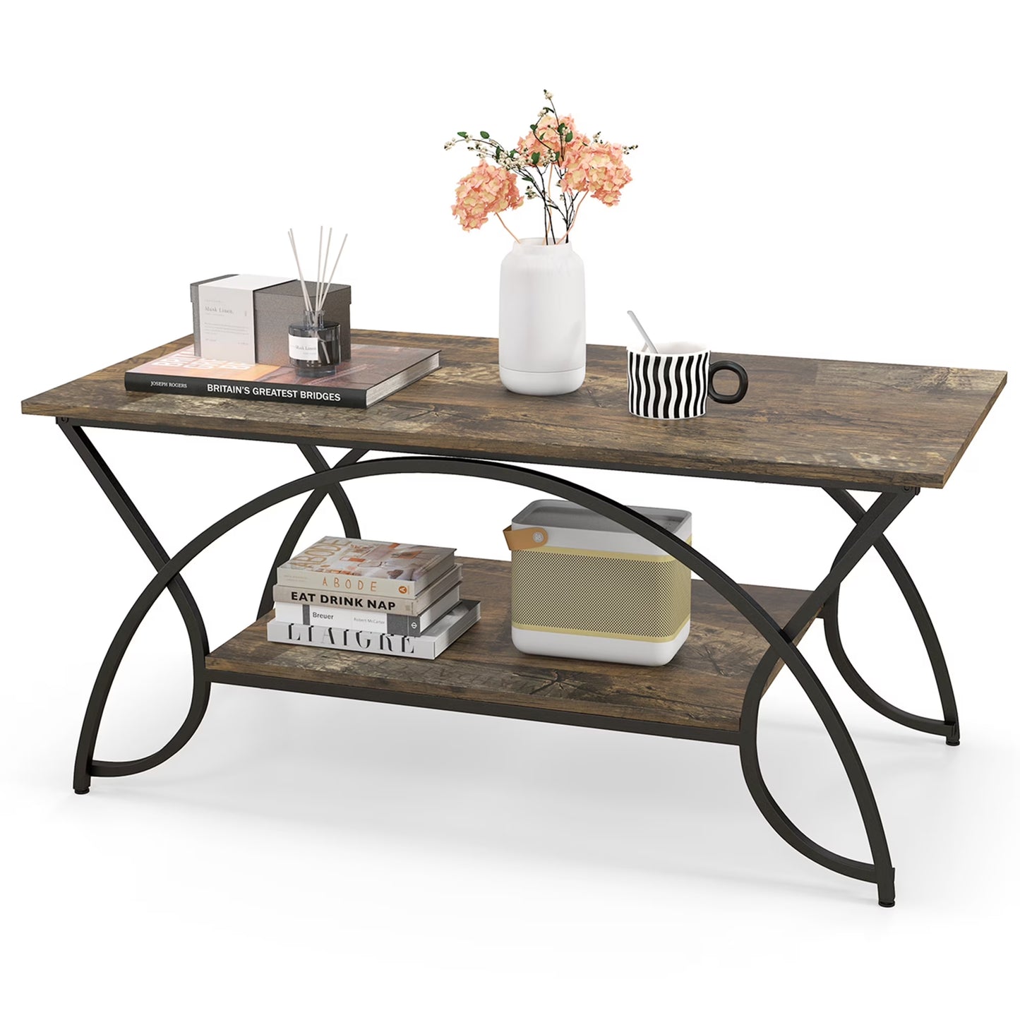 Industrial Engineered Wood Coffe Table with Storage Shelf, White