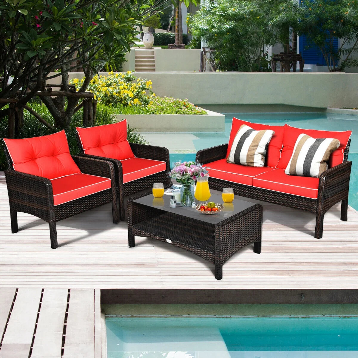 4PCS Patio Rattan Furniture Set Loveseat Sofa Coffee Table Garden W/Red Cushion