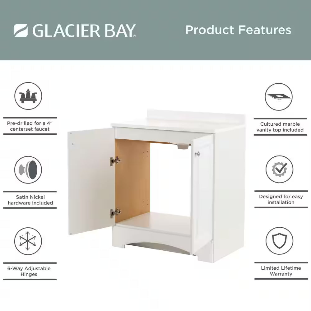 31 In. Single Sink White Bath Vanity with White Cultured Marble Top (Assembled)