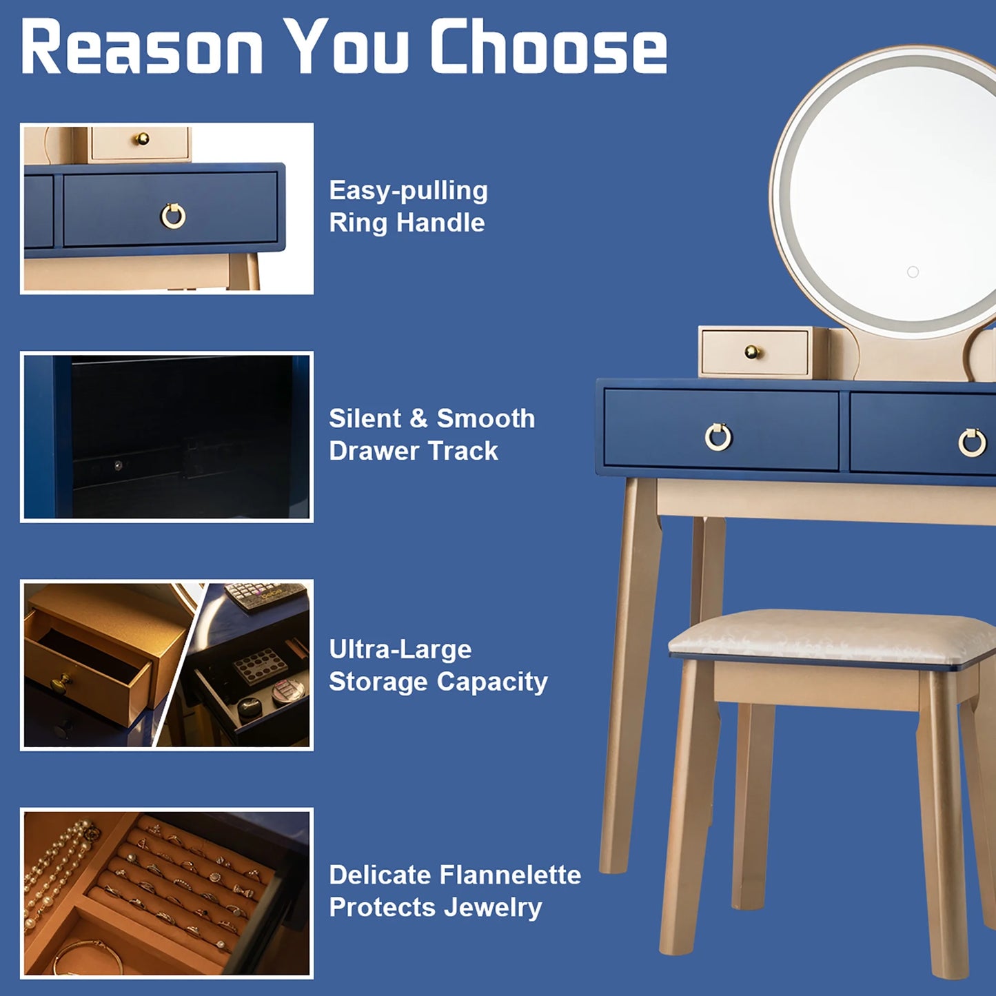 Vanity Makeup Table Touch Screen 3 Lighting Modes Dressing Table Set Navy Blue
