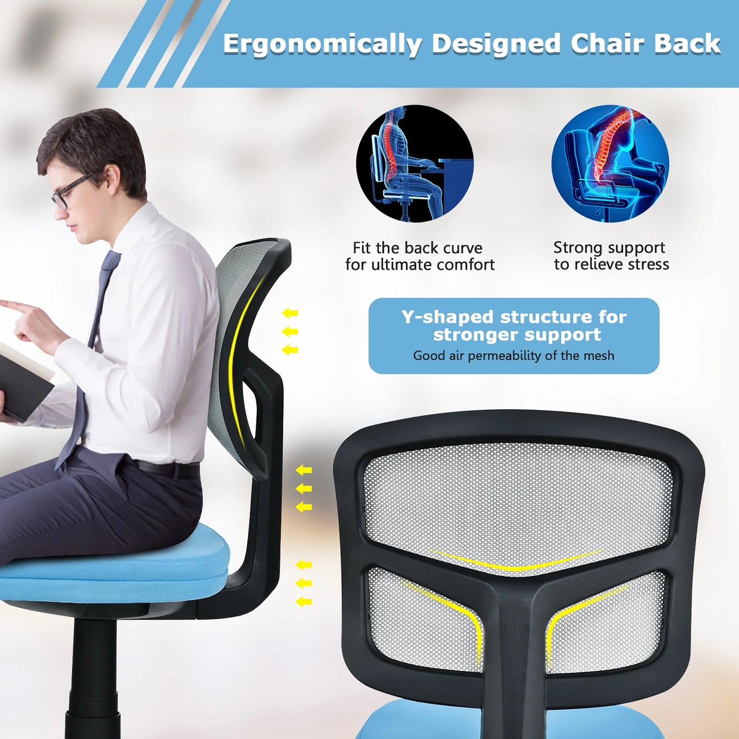 Armless Office Chair Adjustable Swivel Computer Mesh Desk Chair Blue