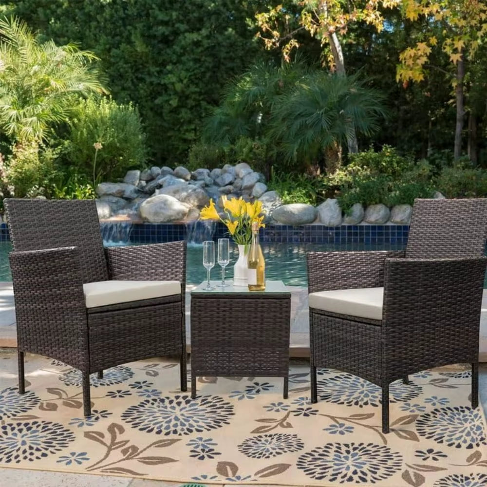 3 Pieces Patio Furniture Sets Outdoor Patio Chairs Set of 2 PE Rattan Wicker Chairs with Table for Garden Porch Lawn Poolside(B
