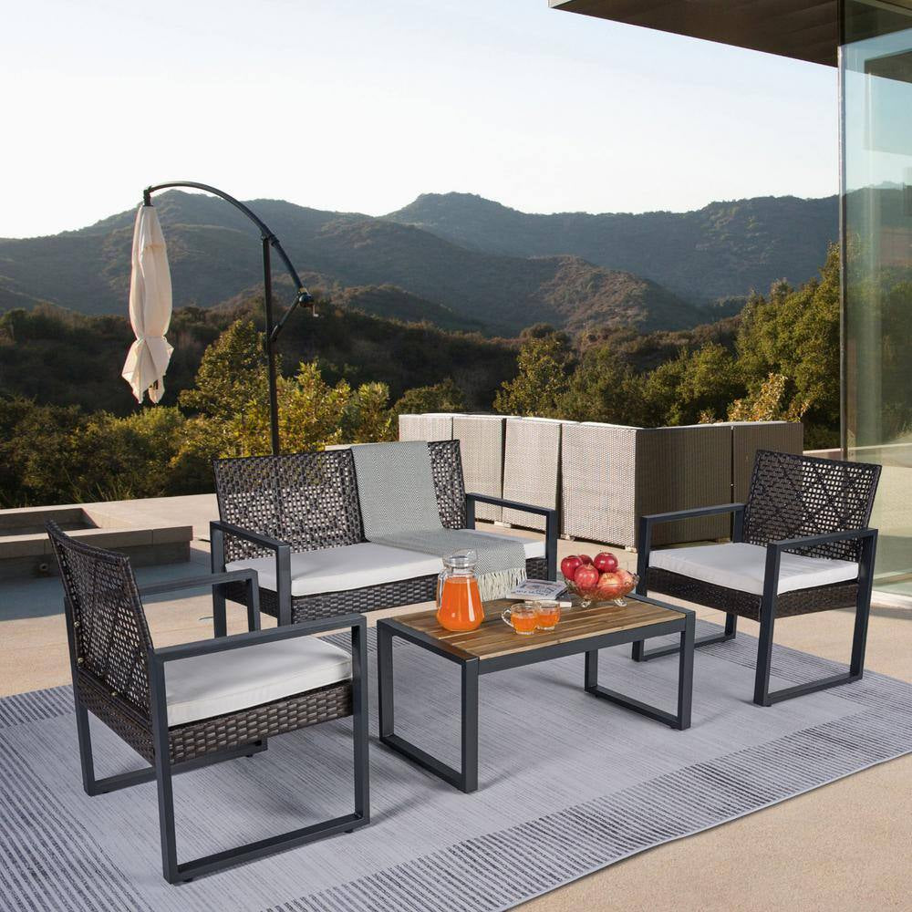 4-Piece Wicker Patio Conversation Set with Cushion, Outdoor Patio Furniture Set with Wood Table Top-Grey Cushions