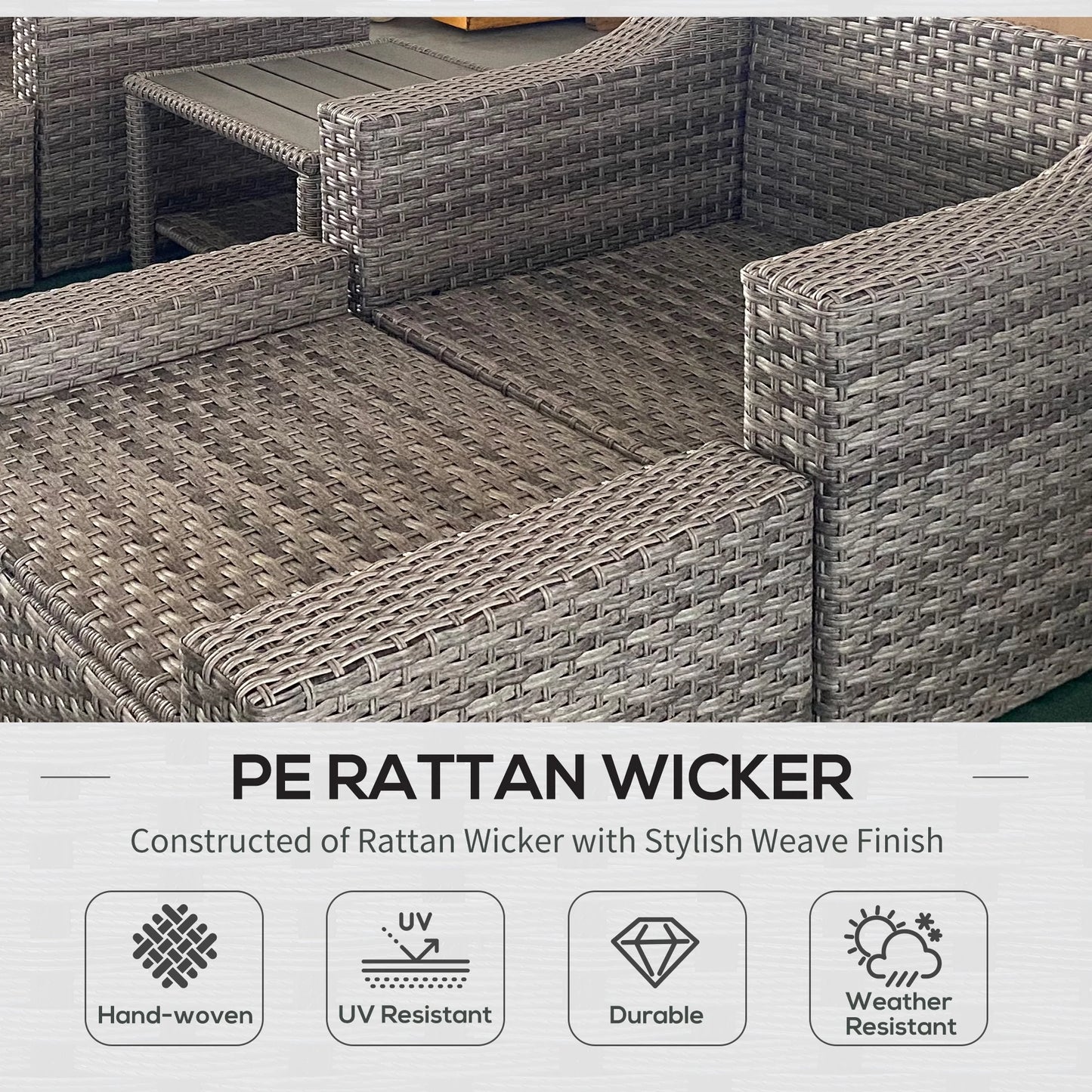 5-Piece PE Rattan Outdoor Patio Dining Set with Ottoman and Coffee Table, Gray