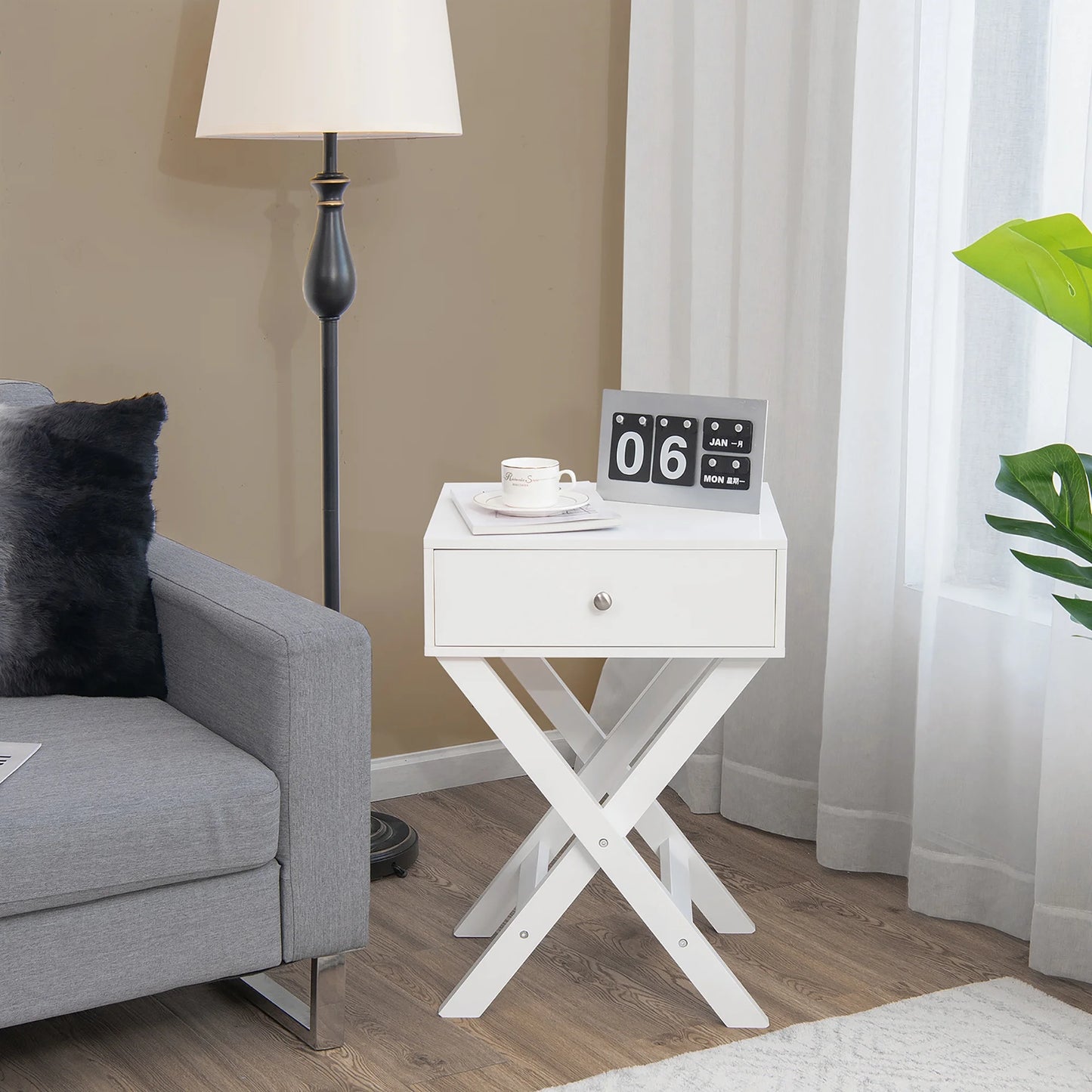 Side Nightstand with Drawer X Shaped Structure Accent Sofa End Table White