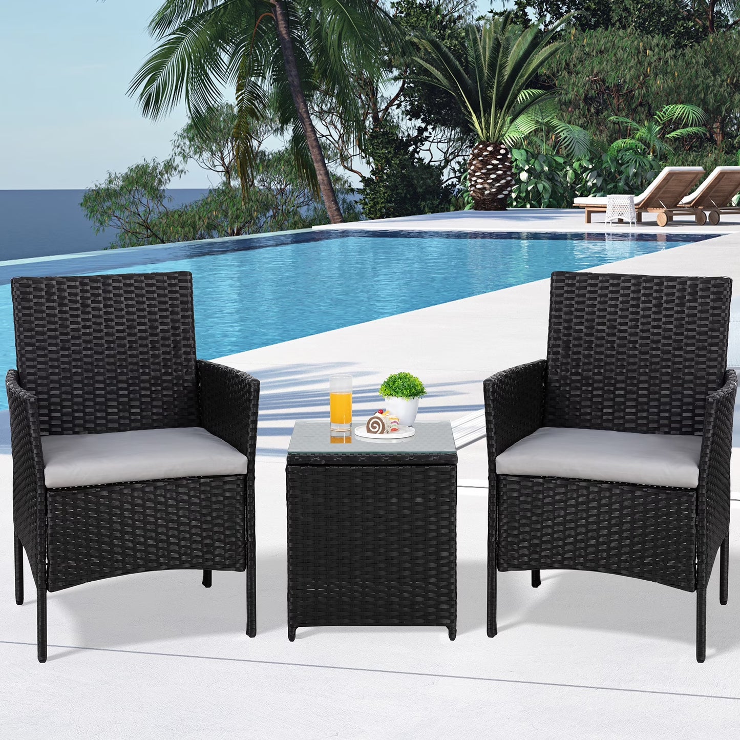 3 Pieces Outdoor Rattan Wicker Patio Furniture Set PE Chairs and Table Set