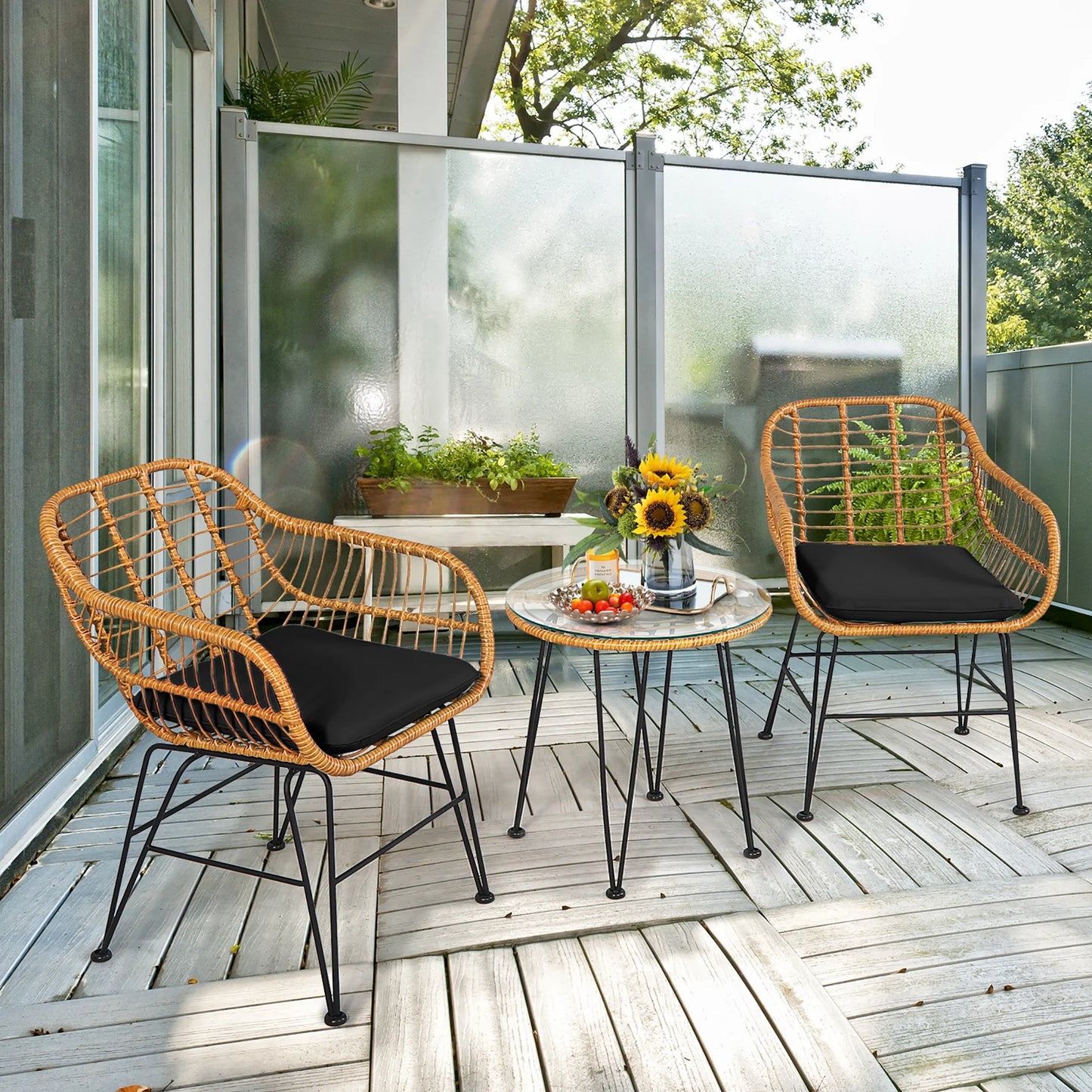 3PCS Patio Rattan Bistro Furniture Set Cushioned Chair Table Grey
