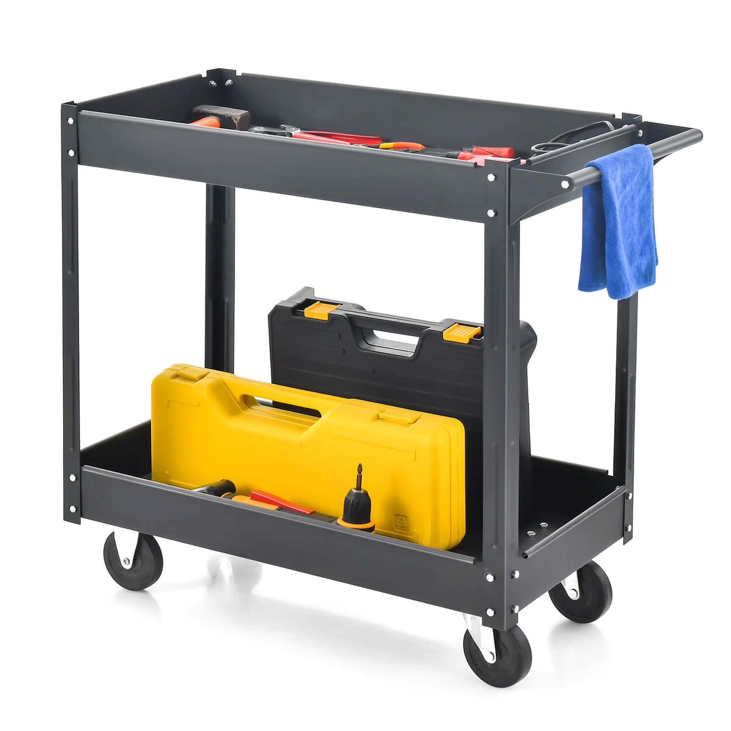2-Tier Utility Cart Metal Service Cart Rolling Tool Storage Organizer with Handle Red