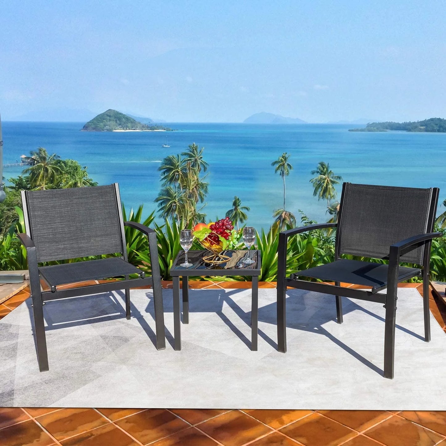 4 Pieces Patio Furniture Outdoor Furniture Outdoor Patio Furniture Set Textilene Bistro Set Modern Conversation Set Black Bistro Set with Loveseat Tea Table, Grey