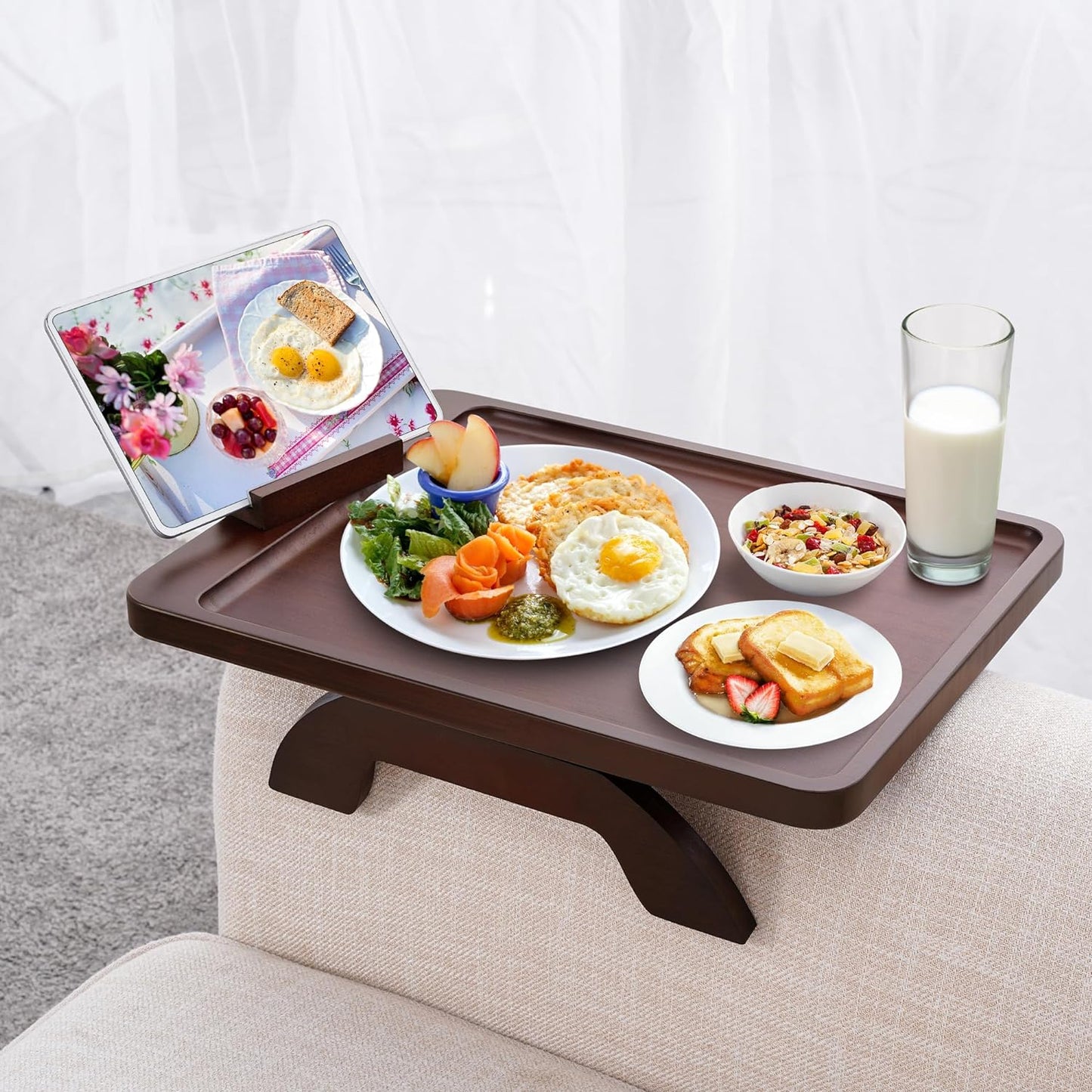 Couch Arm Table, Bamboo Sofa Clip on Tray Tables,Sofa Armrest Tray with 360° Phone Holder,Couch Armrest Table for Eating and Drinking