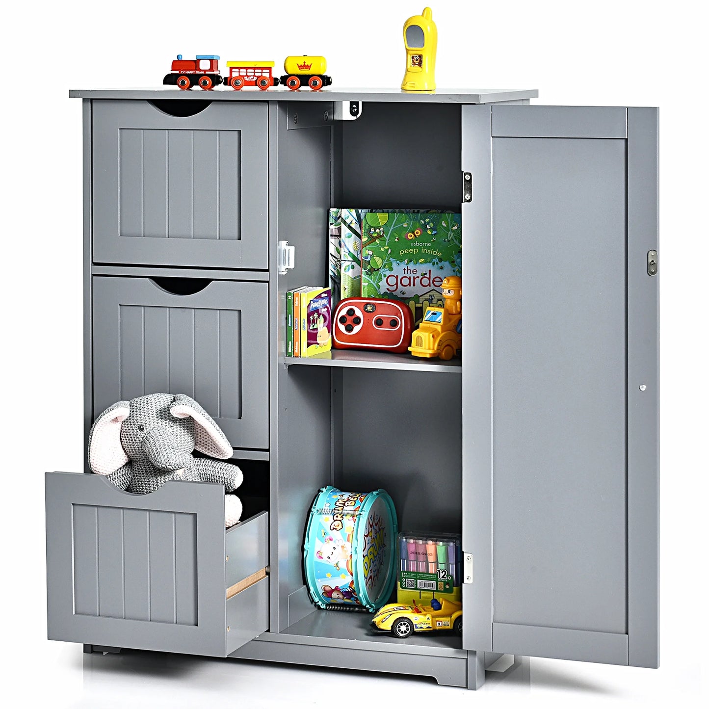 Bathroom Floor Cabinet Side Storage Cabinet with 3 Drawers and 1 Cupboard Grey