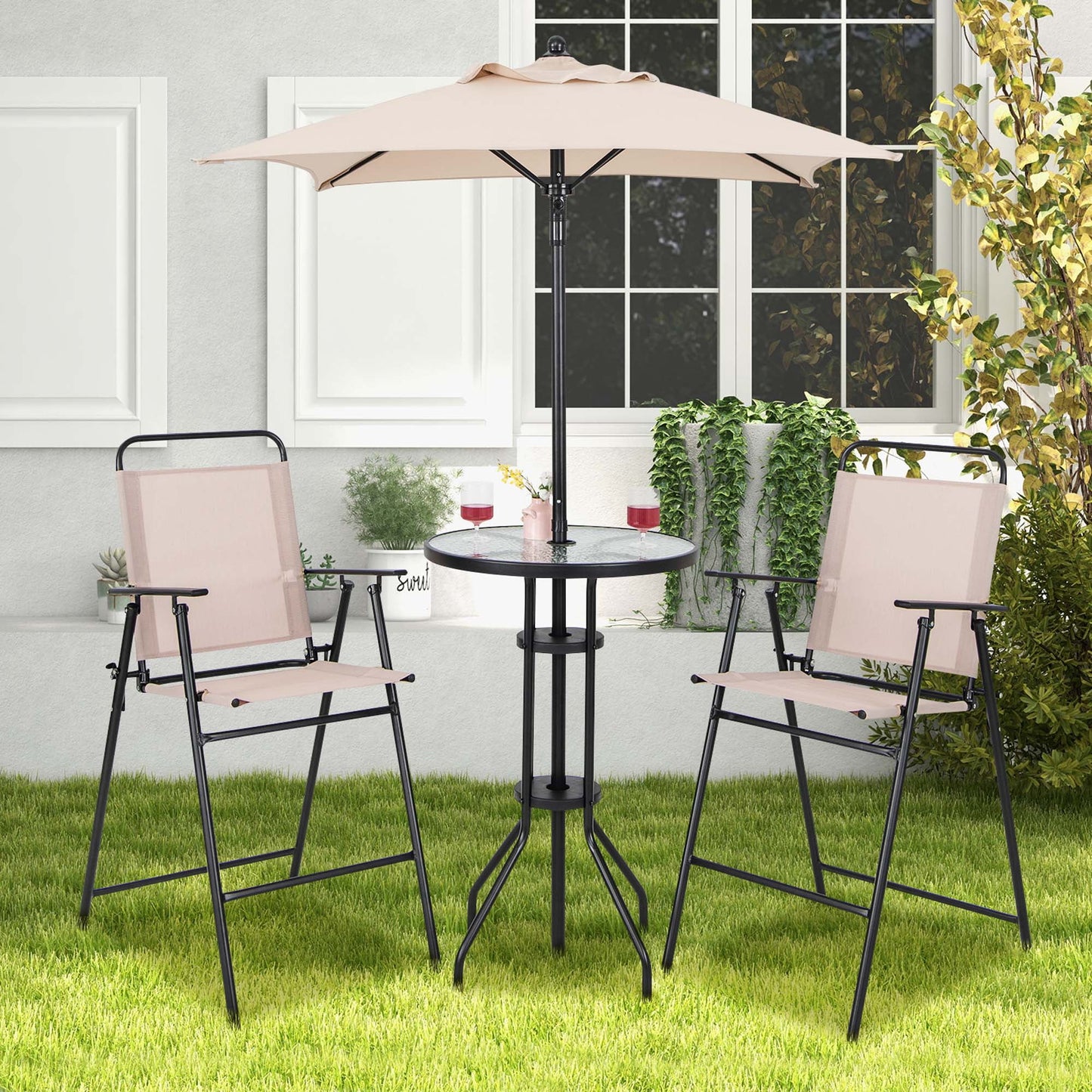 4PCS Patio Bistro Set Folding Counter Height Chairs round Bar Table& Umbrella