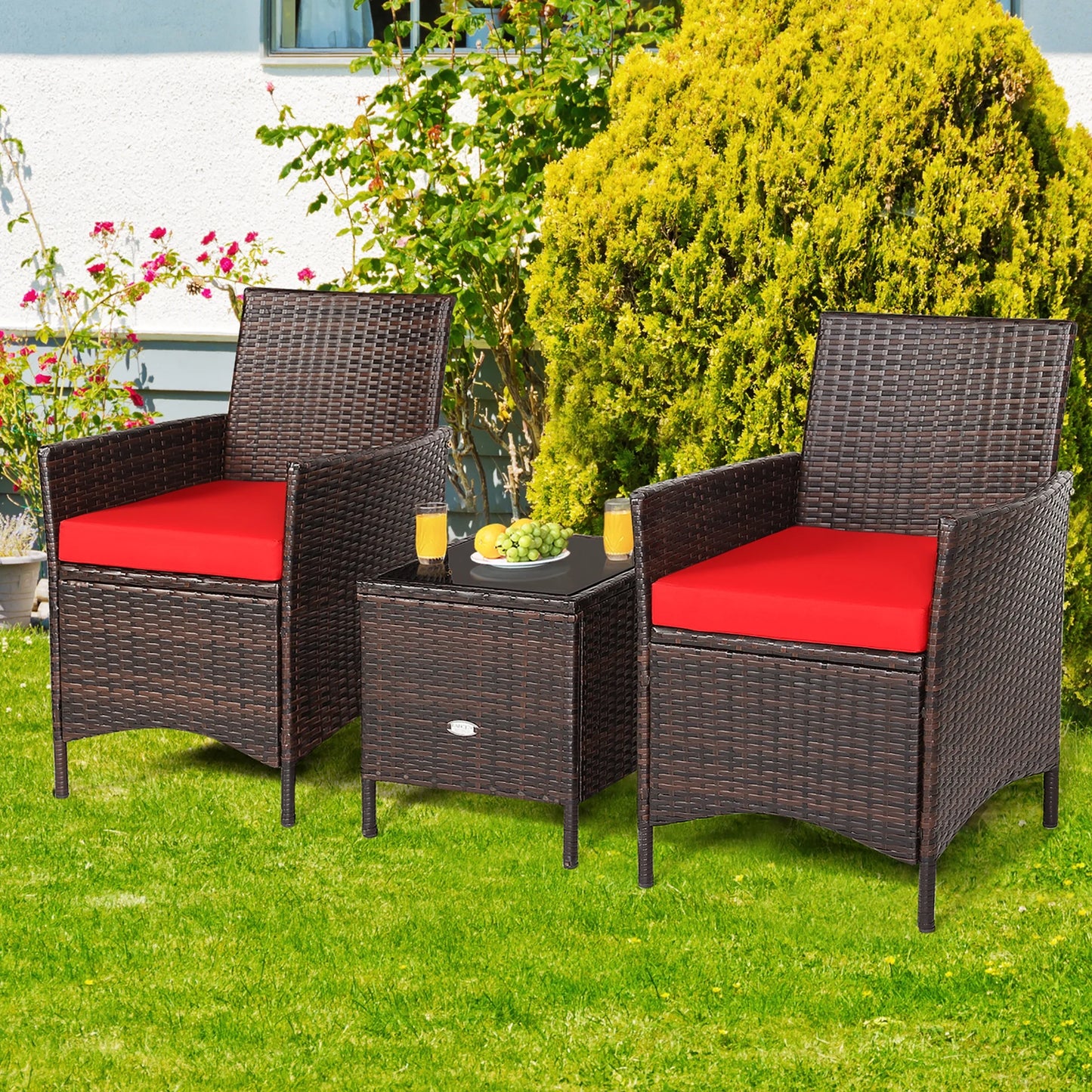 3PCS Patio Rattan Furniture Set Cushioned Sofa Glass Tabletop Deck Red