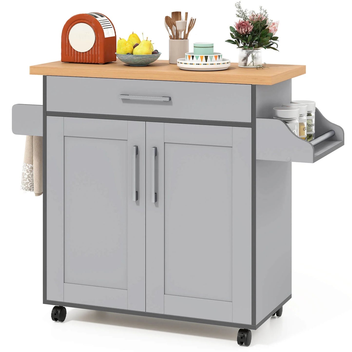 Rolling Kitchen Island Cart Storage Cabinet W/ Towel & Spice Rack White