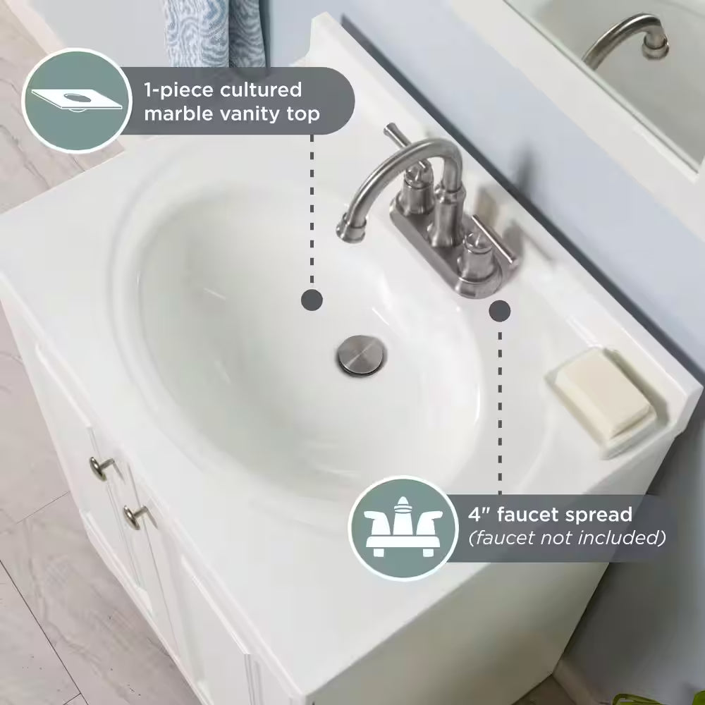 25 In. Single Sink White Bath Vanity with Cultured Marble Top (Assembled)