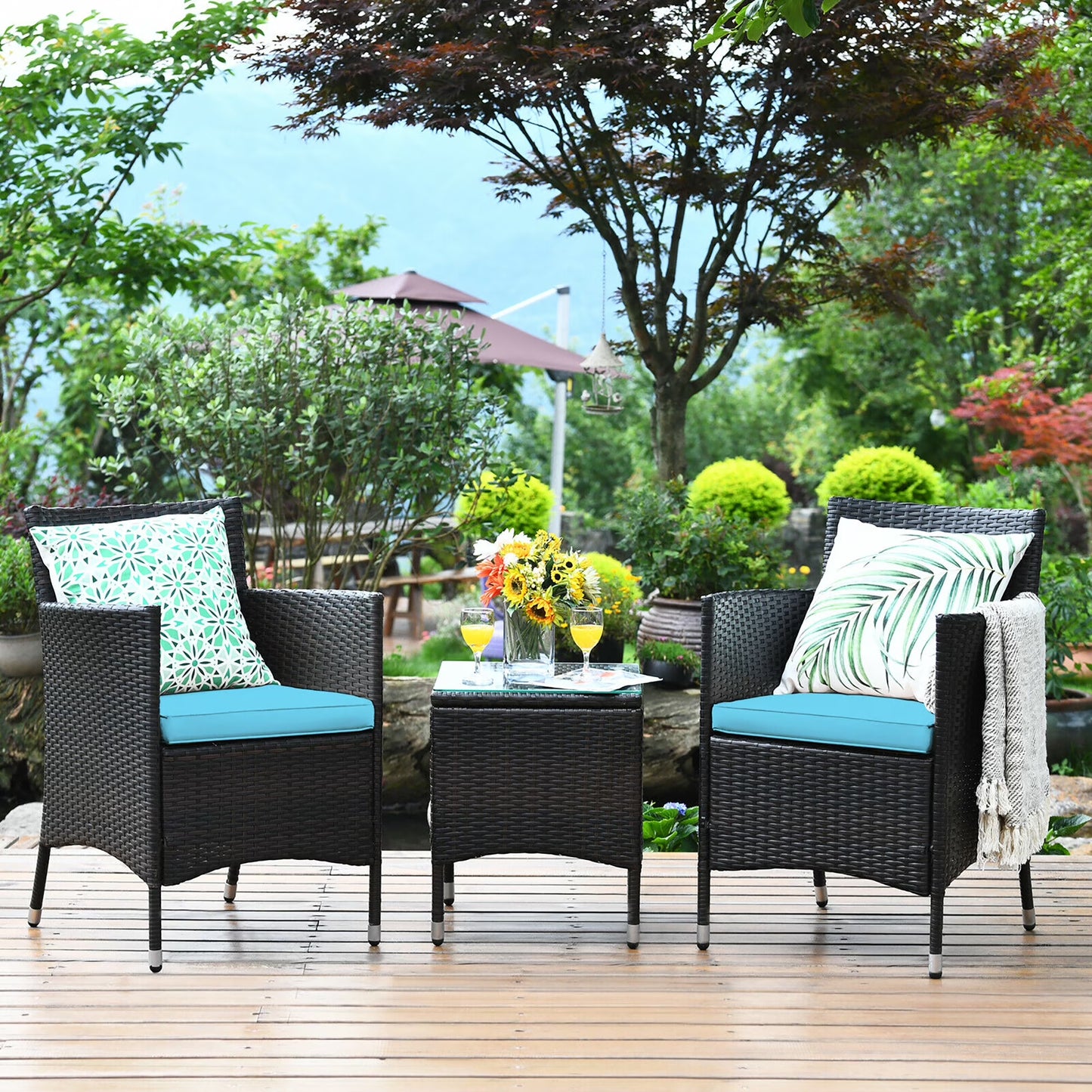 Outdoor 3 PCS PE Rattan Wicker Furniture Sets Chairs Coffee Table Garden Red