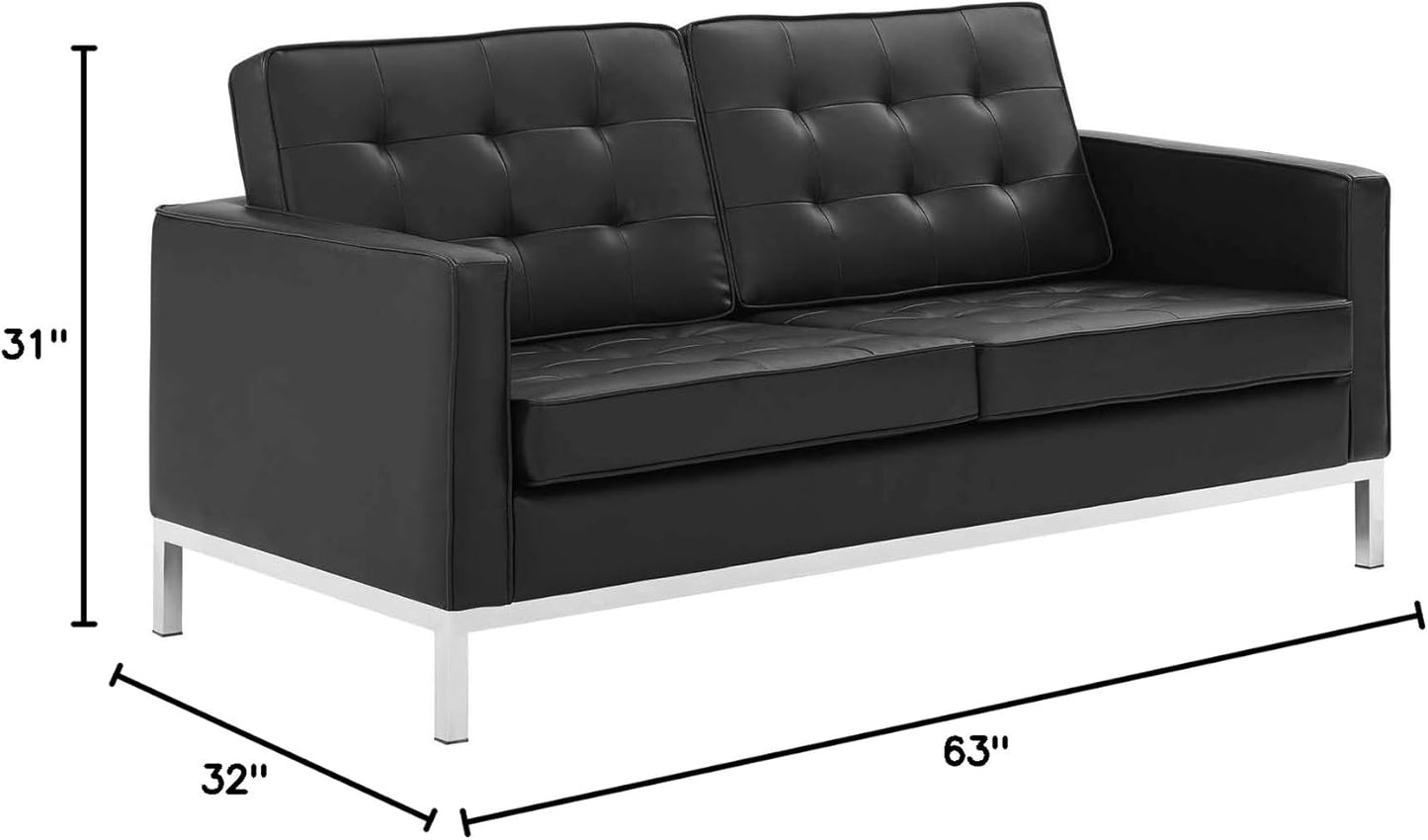 Loft Tufted Button Faux Leather Upholstered Loveseat in Silver Black