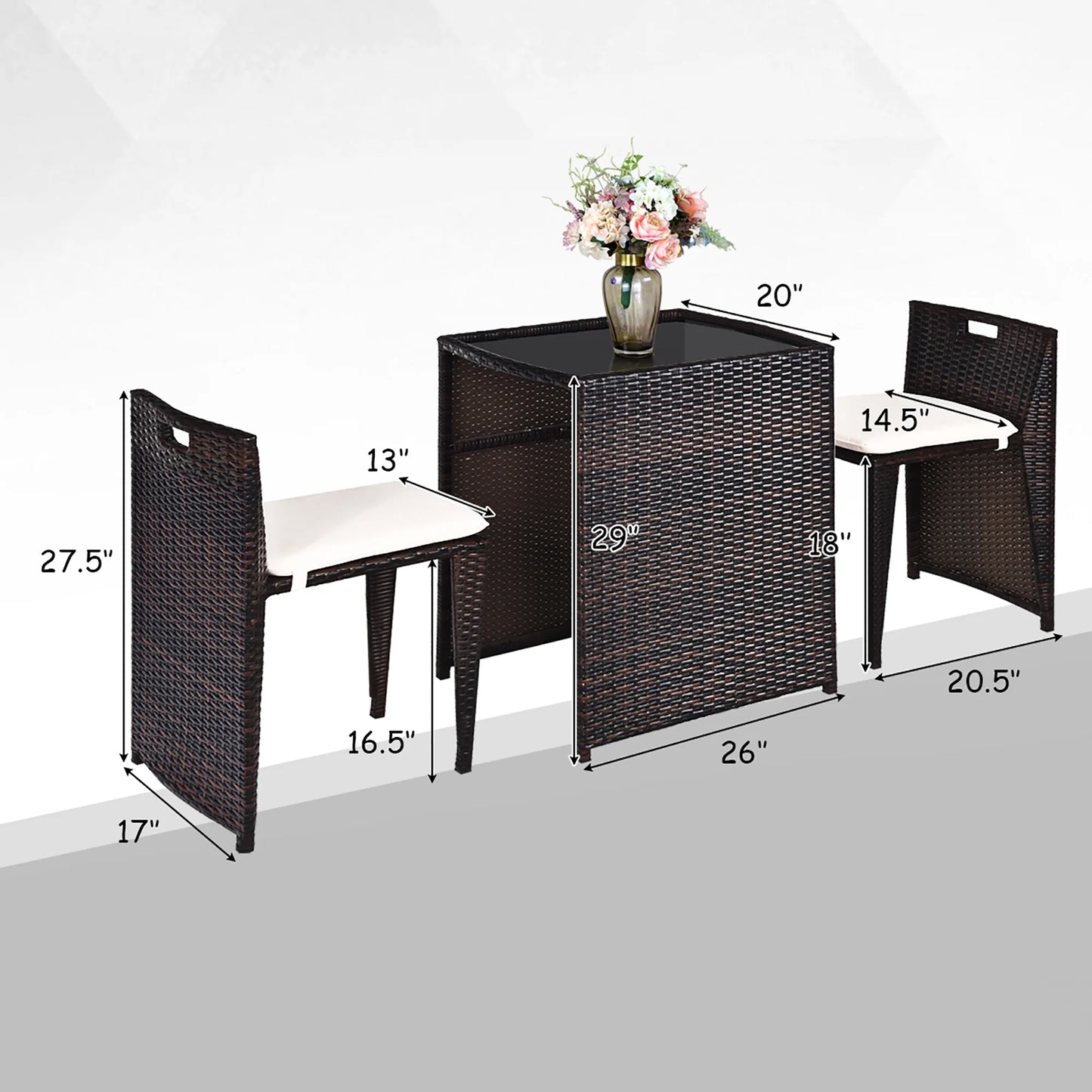 3PCS Outdoor Patio Rattan Furniture Set Space Saving Garden Deck W/Cushion No Assembly