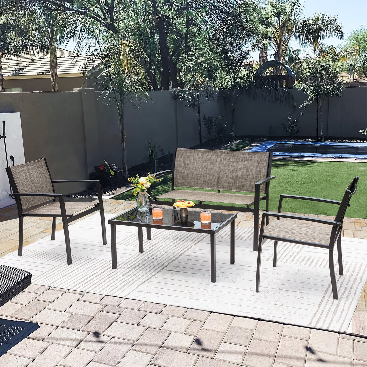 4 Pieces Patio Furniture Outdoor Furniture Outdoor Patio Furniture Set Textilene Bistro Set Modern Conversation Set Black Bistro Set with Loveseat Tea Table, Grey
