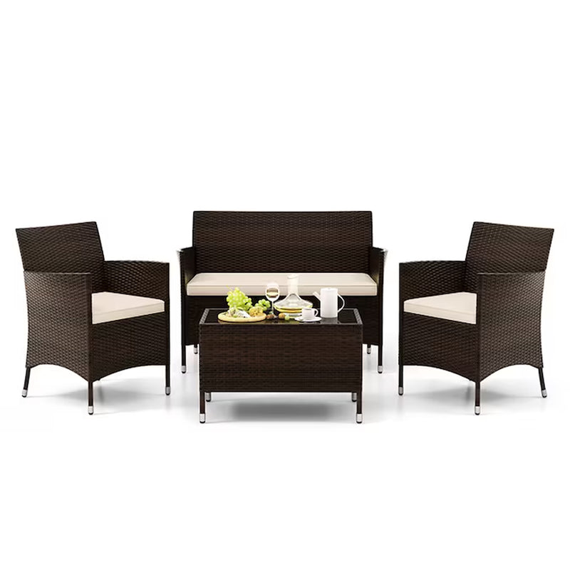 4 Pieces Comfortable Mix Outdoor Rattan Sofa Set with Glass Coffee Table 4 -Piece Rattan Patio Conversation Set with Blue Cushions