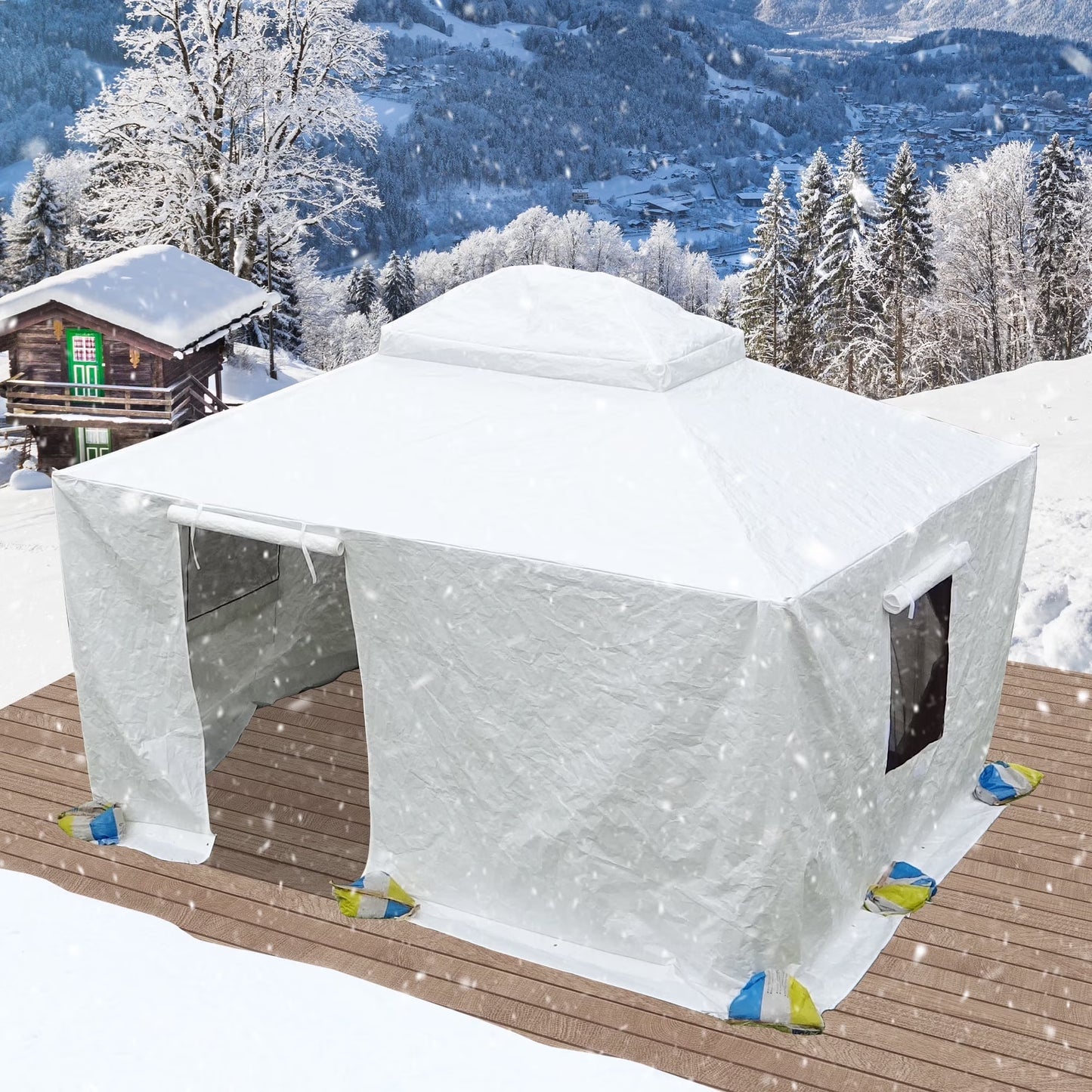 Gazebo Accessories 12' X 12' Double Roof Universal Winter Gazebo Cover for Hardtop Gazebos,Enclosed Cover with Sidewalls and Mesh Windows Waterproof (White) by