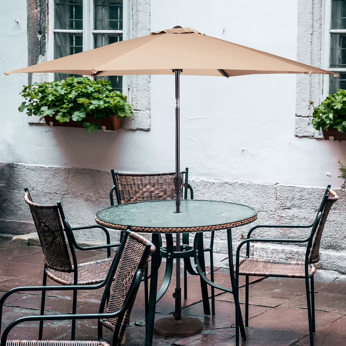 9Ft Patio Umbrella Patio Market Steel Tilt W/ Crank Outdoor Yard Garden (Tan)