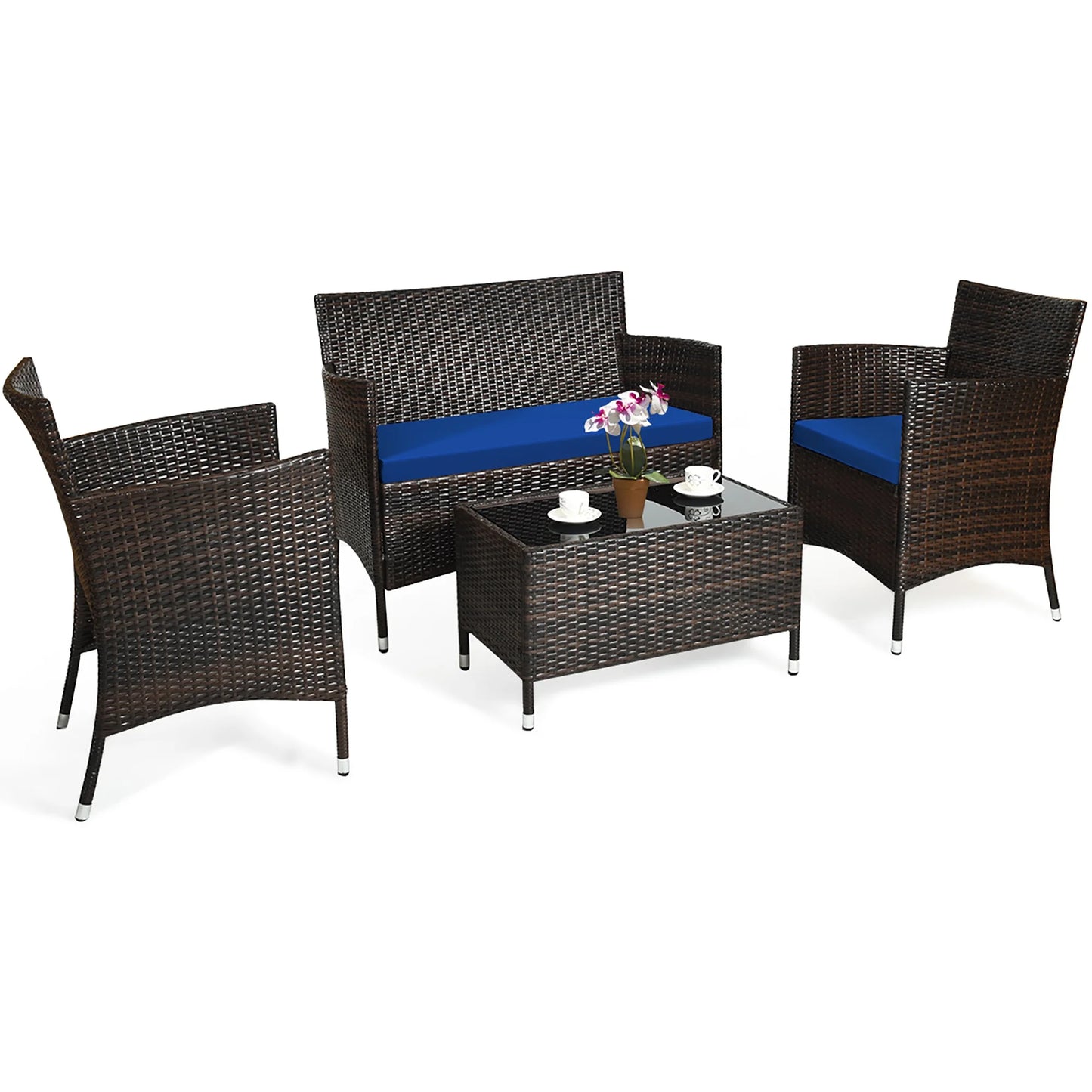 4PCS Rattan Patio Furniture Set Cushioned Sofa Chair Coffee Table Navy