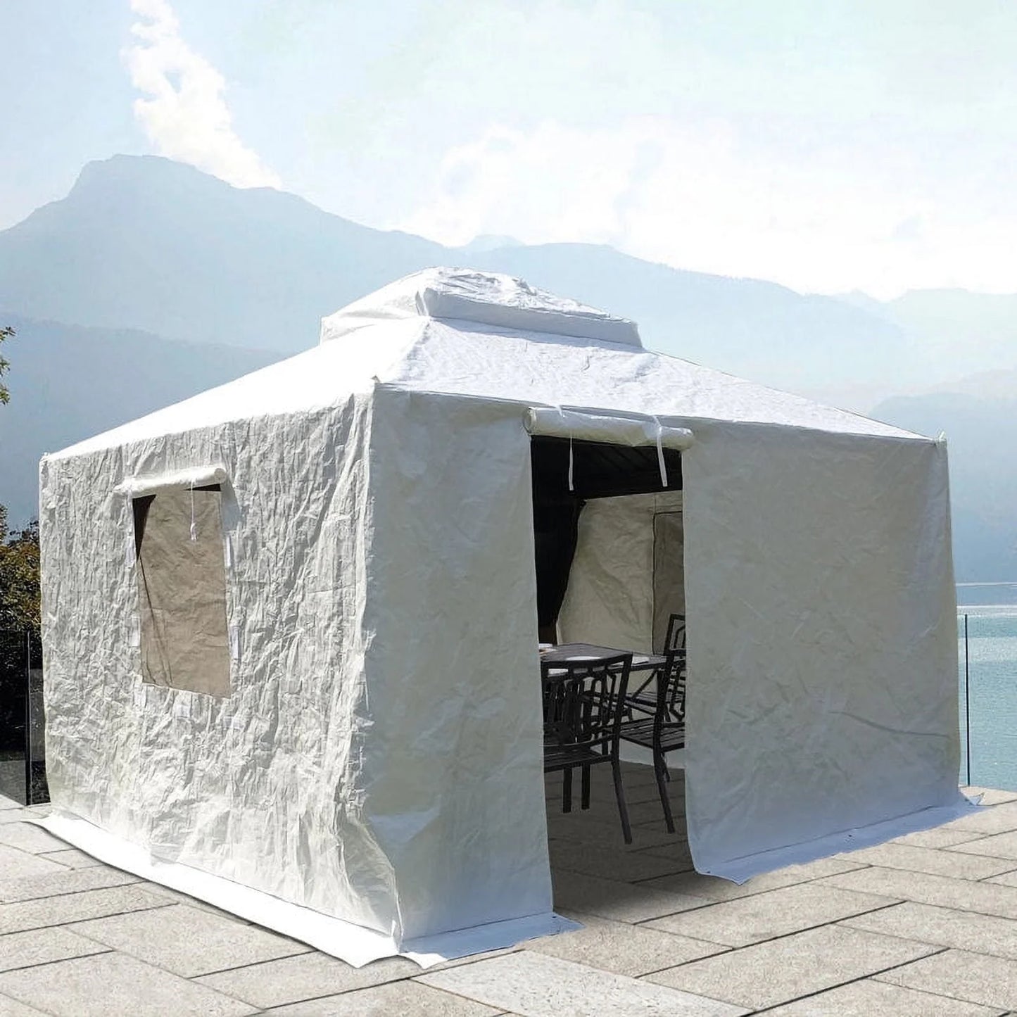 Gazebo Accessories 12' X 12' Double Roof Universal Winter Gazebo Cover for Hardtop Gazebos,Enclosed Cover with Sidewalls and Mesh Windows Waterproof (White) by