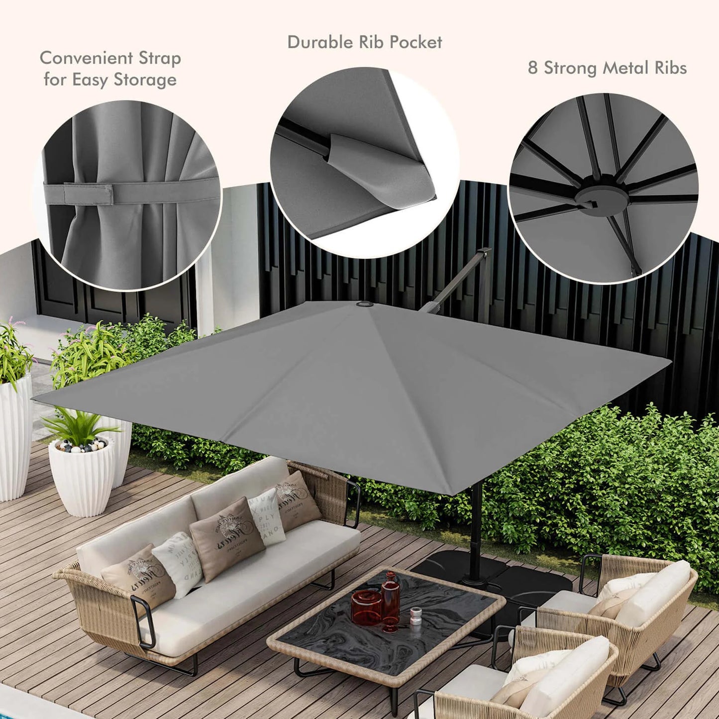 Patio 9.5FT Square Cantilever Offset Hanging Umbrella 2-Tier 360° Outdoor Gray
