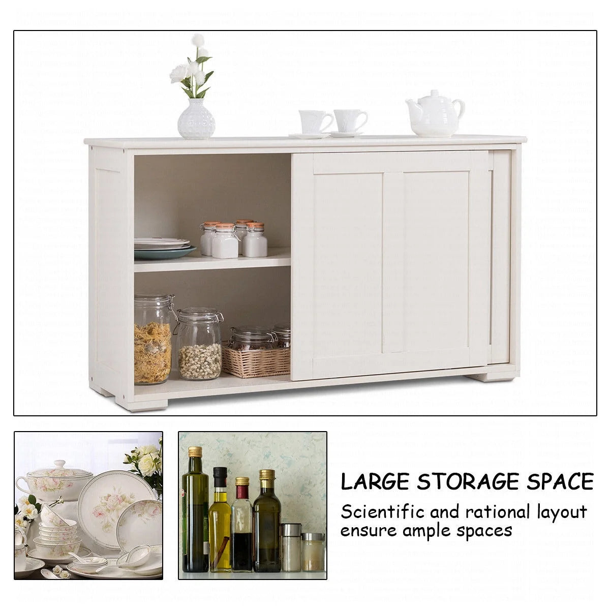 Kitchen Storage Cabinet Sideboard Buffet Cupboard Wood Sliding Door Pantry White