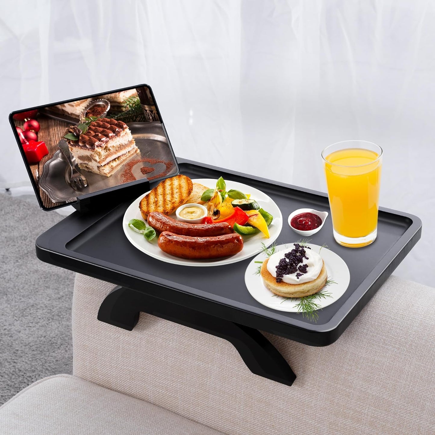 Couch Arm Table, Bamboo Sofa Clip on Tray Tables,Sofa Armrest Tray with 360° Phone Holder,Couch Armrest Table for Eating and Drinking
