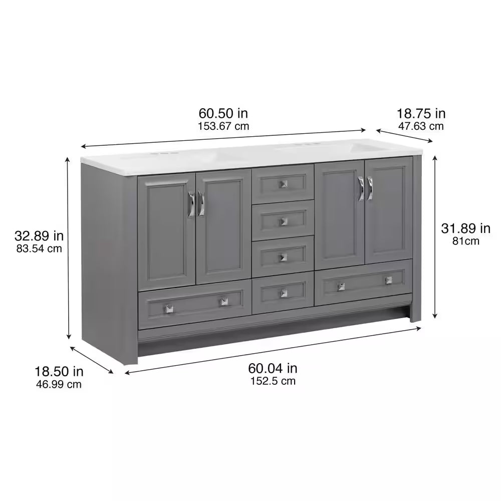 Candlesby 61 In. Double Sink Sterling Gray Bath Vanity with White Cultured Marble Top (Assembled)
