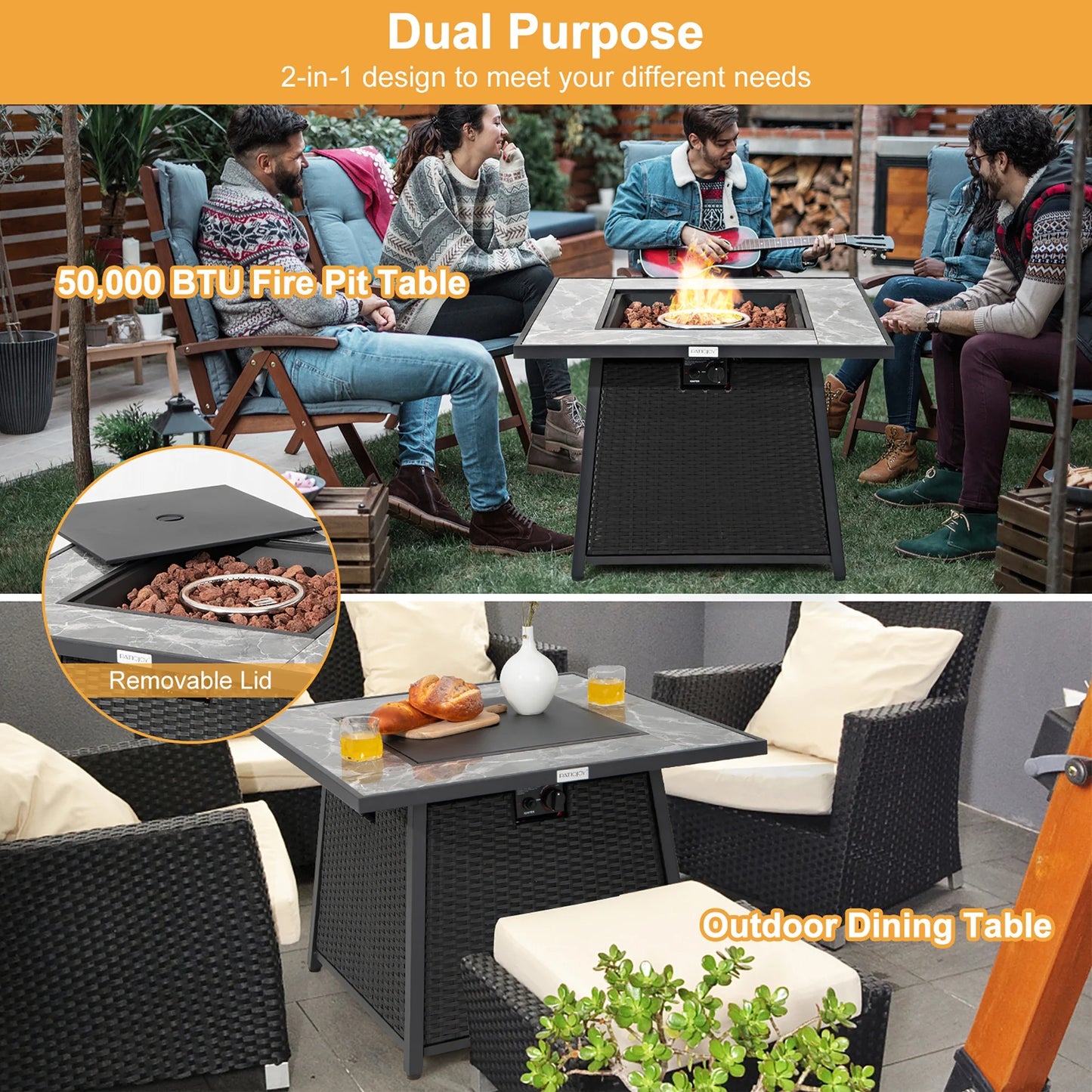 35'' Propane Gas Fire Pit Table Patio PE Wicker Rattan W/ Lava Rocks PVC Cover