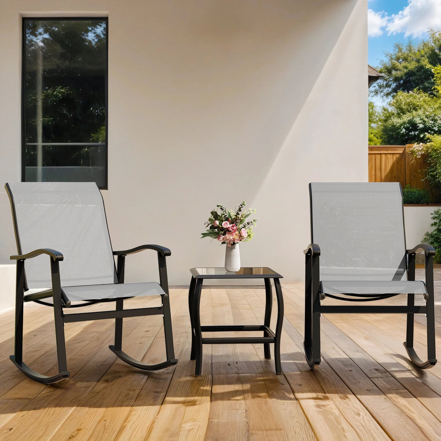 3 Pieces Rocking Bistro Patio Furniture Rocker Set with 2 Outdoor Rocking Chairs and 1 Glass Coffee Table for Porch Deck Lawn,Deep Blue