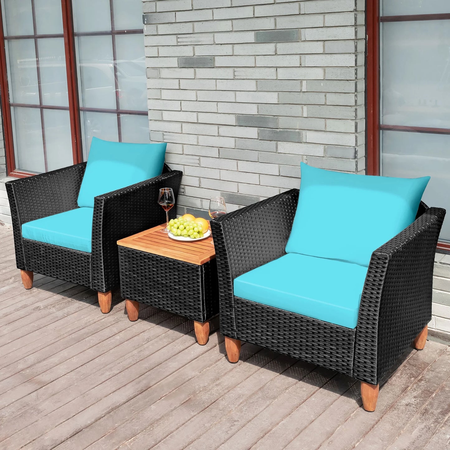 3PCS Outdoor Patio Rattan Furniture Set Wooden Table Cushioned Sofa Turquoise