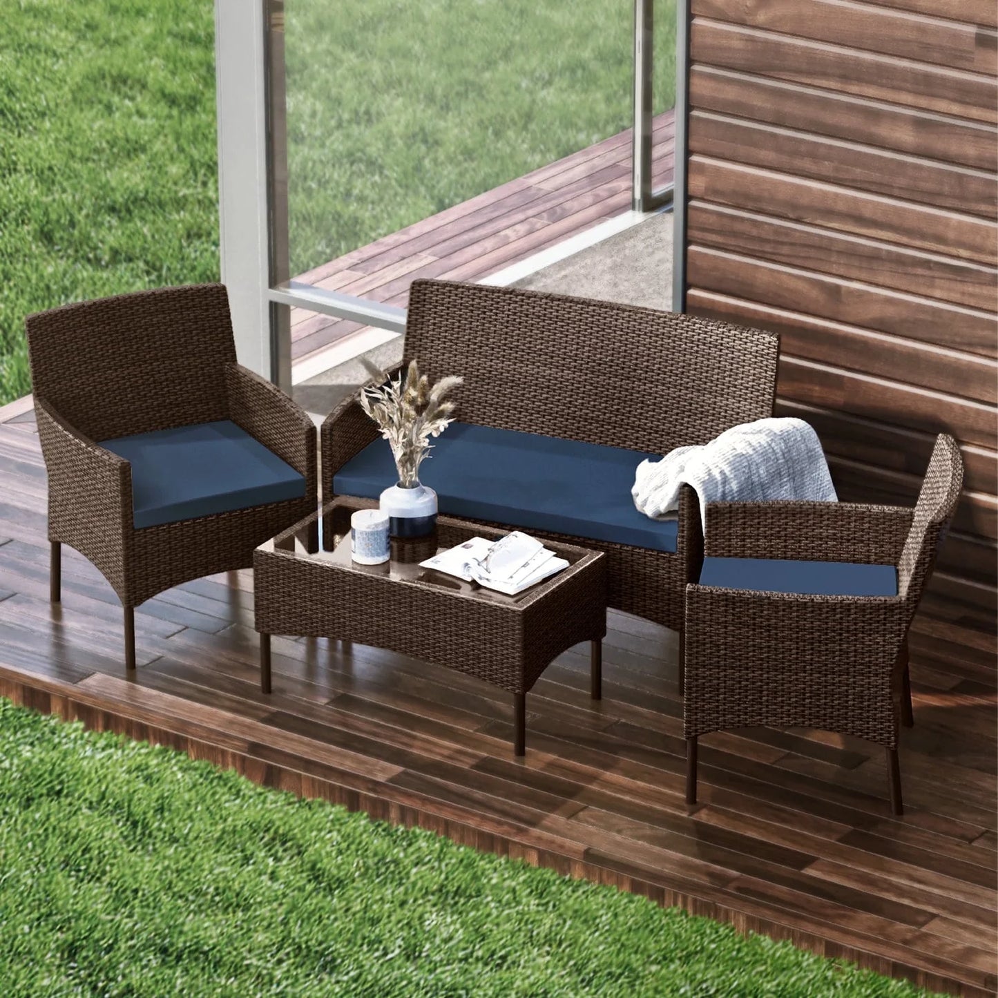 Outdoor Furniture Set, 4 Piece Wicker Patio Chairs Set, Brown with Beige Cushions
